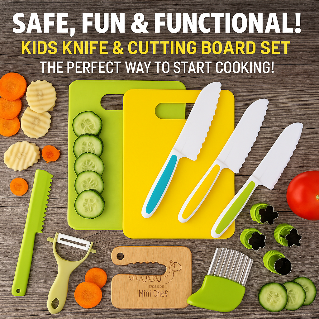Array of child-sized wooden and plastic kitchen utensils, cutting boards and sandwich cutters displayed neatly on a countertop.