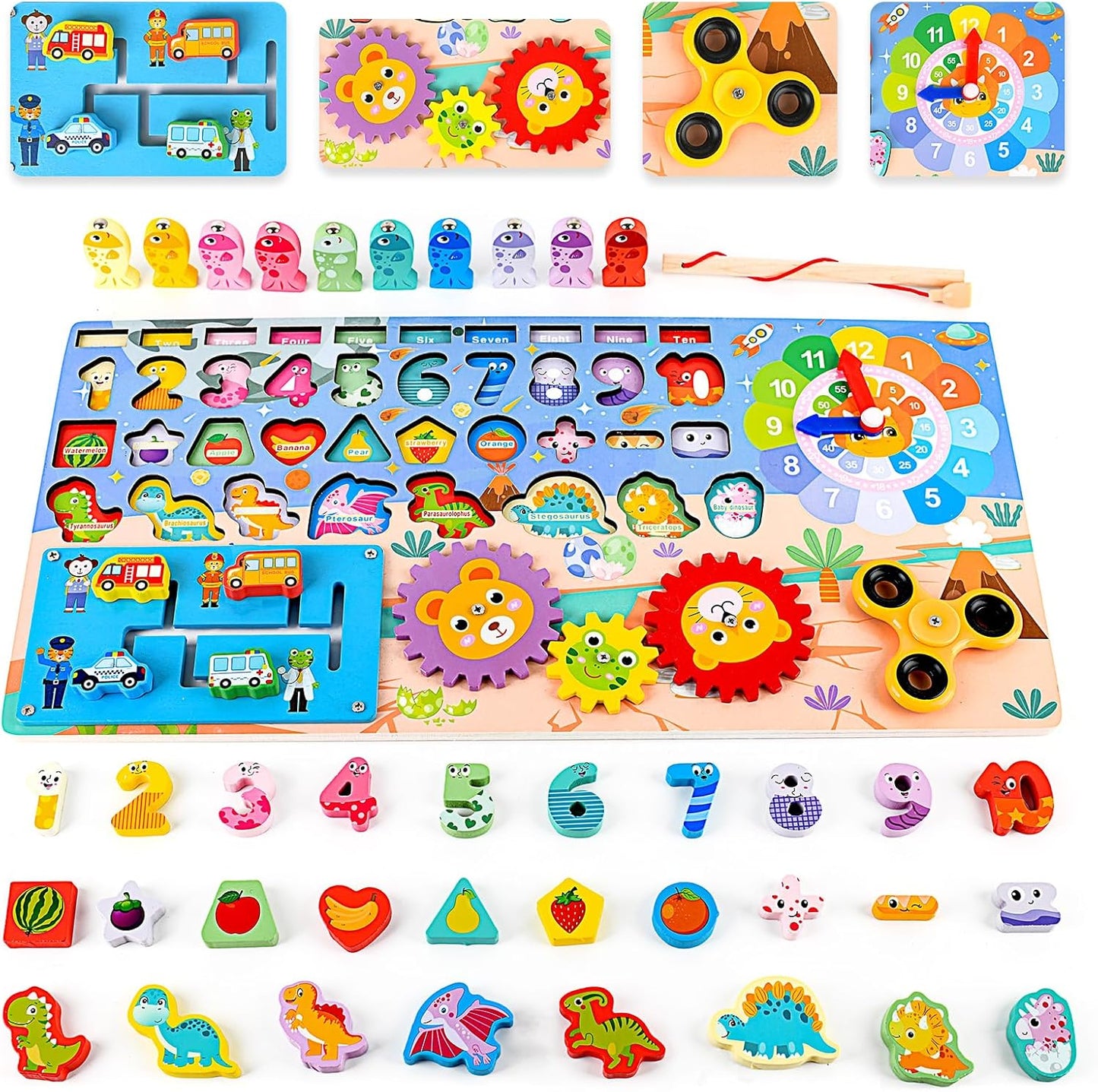 Large wooden puzzle board packed with numbers, gears, spinners and dinosaur shapes in vibrant colors.