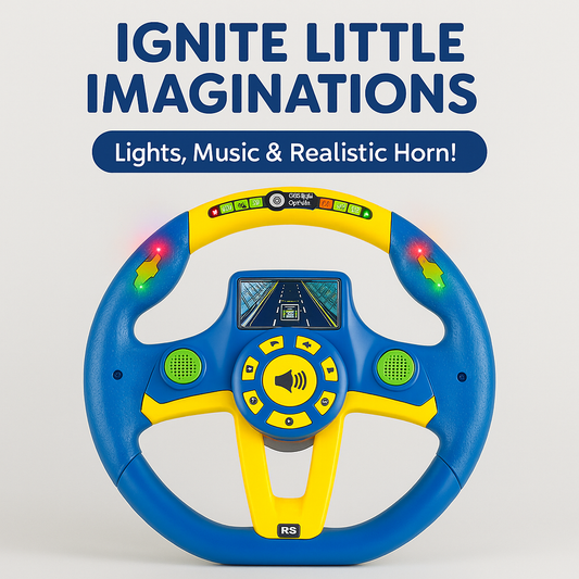 Blue-and-yellow toy steering wheel with built-in speakers and digital road screen centered on white infinity background.