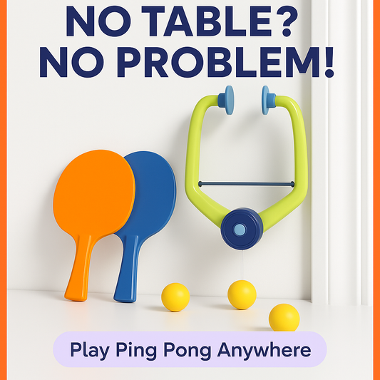 Fold-out plastic paddle set clipped to a doorframe with ball tethered to elastic cord, shown mid-swing.