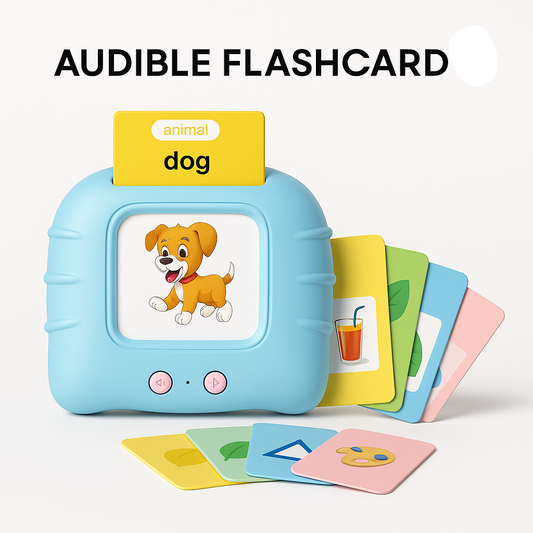 Pocket-sized pastel-blue electronic flash-card reader with one vocabulary card inserted and a neat stack of cards beside it.