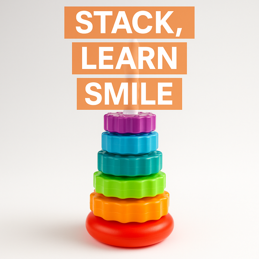 Stack of brightly colored, gear-shaped rings threaded on a white spiral pole against a clean white background.