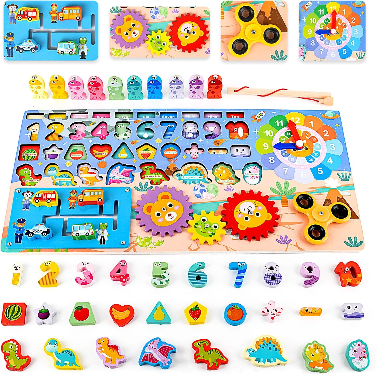 Large wooden puzzle board packed with numbers, gears, spinners and dinosaur shapes in vibrant colors.
