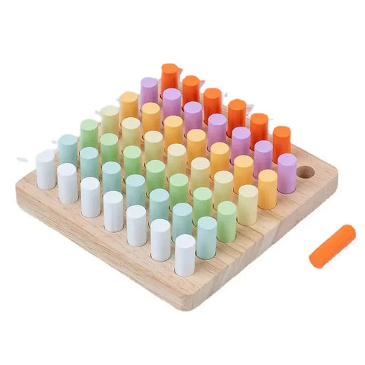 Square wooden board filled with gradient pastel wooden pegs forming rainbow rows.