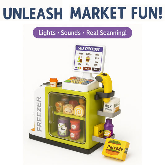 Compact toy checkout counter with touchscreen, barcode scanner, freezer door and tiny groceries arranged on a white backdrop.